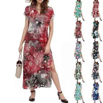 Женское платье макси с цветочным принтом, повседневное платье-рубашка с длинным рукавом и свободным разрезом, праздничное платье с коротким рукавом M