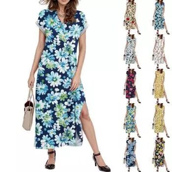 Женское платье макси с цветочным принтом, повседневное платье-рубашка с длинным рукавом и свободным разрезом, праздничное платье с коротким рукавом L бежевый