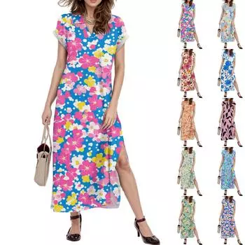 Женское платье макси с цветочным принтом, повседневное платье-рубашка с длинным рукавом и свободным разрезом, праздничное платье с коротким рукавом M