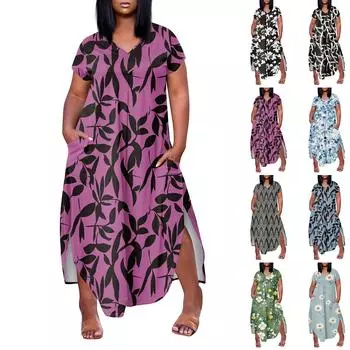 Женское платье макси с цветочным принтом, летнее повседневное платье с коротким рукавом, сарафан с V-образным вырезом, длинные платья с карманами, пляжный отдых L армия зеленый