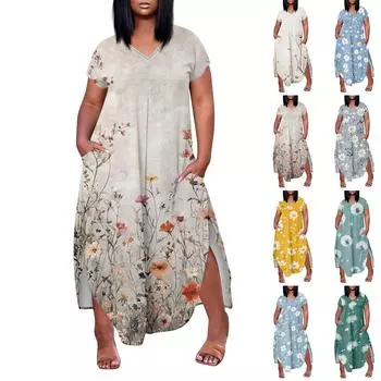 Женское платье макси с цветочным принтом, летнее повседневное платье с коротким рукавом, сарафан с V-образным вырезом, длинные платья с карманами, пляжный отдых XXL бежевый