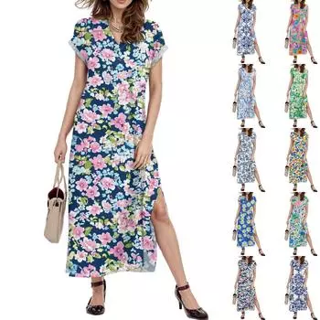 Женское платье макси с цветочным принтом, повседневное платье-рубашка с длинным рукавом и свободным разрезом, праздничное платье с коротким рукавом L синий