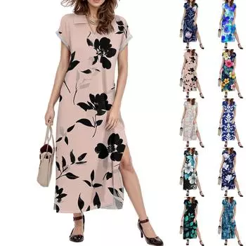 Женское платье макси с цветочным принтом, повседневное платье-рубашка с длинным рукавом и свободным разрезом, праздничное платье с коротким рукавом L чёрный