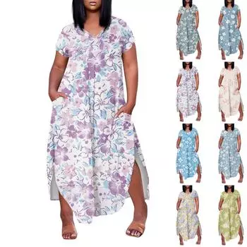 Женское платье макси с цветочным принтом, летнее повседневное платье с коротким рукавом, сарафан с V-образным вырезом, длинные платья с карманами, пляжный отдых L циан