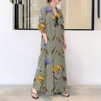 Женское платье макси с цветочным принтом, застегивающееся на пуговицы, с длинным рукавом, платье-рубашка, отворот с V-образным вырезом, свободное платье с карманами S абрикосовый
