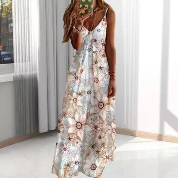 Женское платье макси с цветочным принтом, длинное платье с V-образным вырезом и бретельками, повседневное вечернее платье А-силуэта без рукавов, летний пляжный сарафан S белый
