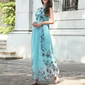 Женское платье макси с цветочным принтом, без рукавов, с халтернеем, шифоновое платье миди, летнее платье в стиле бохо с поясом для отпуска, свадьбы, коктейля, выпускного вечера L фиолетовый