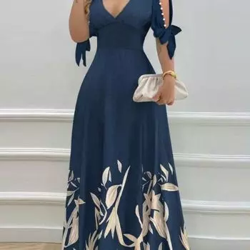 Женское платье макси с цветочным принтом, облегающее, с высокой талией, с низким вырезом, V-образным вырезом, декором из бисера, длиной до пола, трапециевидной формы, в стиле пэчворк, с бантом, половина рукава, весна-осень S белый