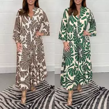 Женское платье макси с девятыми рукавами контрастного цвета, винтажный принт, негабаритный лоскутный декор до щиколотки, декор с пуговицами, высокая талия, женское длинное платье до щиколотки 3XL синий