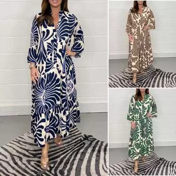 Женское платье макси с девятыми рукавами контрастного цвета, винтажный принт, негабаритный лоскутный декор до щиколотки, декор с пуговицами, высокая талия, женское длинное платье до щиколотки 3XL синий