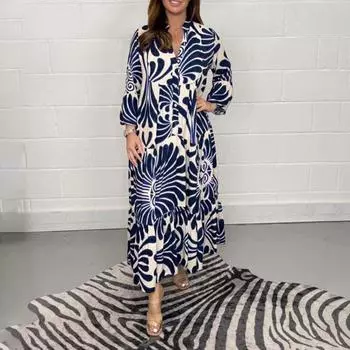 Женское платье макси с девятыми рукавами контрастного цвета, винтажный принт, негабаритный лоскутный декор до щиколотки, декор с пуговицами, высокая талия, женское длинное платье до щиколотки 3XL синий