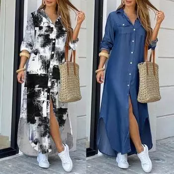 Женское платье макси с длинным рукавом и V-образным вырезом на пуговицах. Длинное платье с цветочным принтом. S синий