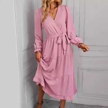 Женское платье макси с длинным рукавом, повседневное, А-силуэт, свободное, струящееся, многоярусное, длинное, летнее, с V-образным вырезом, со шнуровкой, пляжный сарафан S вино красного