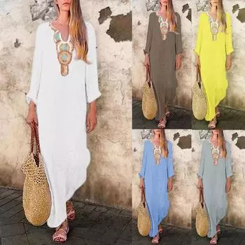 Женское платье макси с длинными рукавами и U-образным вырезом с принтом, мешковатый кафтан с разрезом по краю, длинное платье XL жёлтый