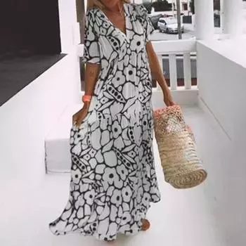 Женское платье макси с глубоким v-образным вырезом и коротким рукавом, рюшами и цветочным принтом, свободное повседневное праздничное платье, уличная одежда S зелёный