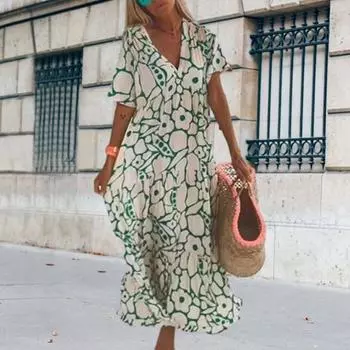 Женское платье макси с глубоким v-образным вырезом и коротким рукавом, весенне-осеннее платье с рюшами и цветочным принтом, свободное покрой, повседневное праздничное платье, уличная одежда S зелёный