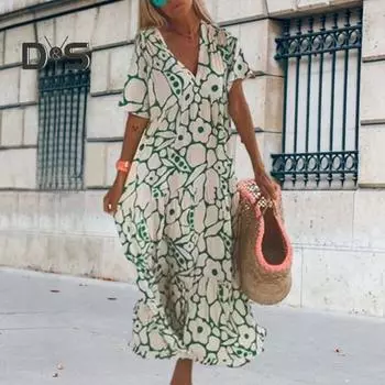 Женское платье макси с глубоким V-образным вырезом и коротким рукавом на весну и осень, рюшами и швами по подолу, с цветочным принтом, свободный крой, повседневное праздничное платье, уличная одежда L чёрный