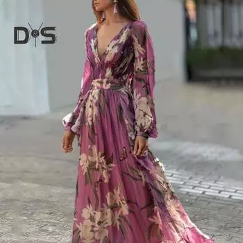 Женское платье макси с глубоким V-образным вырезом, облегающим, с высокой талией, цветочным принтом, рукавом-фонариком, большим подолом, мягким винтажным платьем на осень-весну M фиолетовый