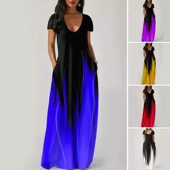 Женское платье макси с карманами, V-образным вырезом, короткими рукавами, градиентными контрастными цветами M красный