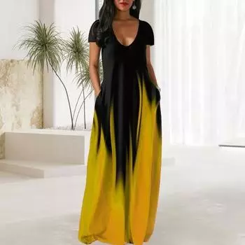 Женское платье макси с карманами, V-образным вырезом, короткими рукавами, градиентными контрастными цветами, платье полной длины А-силуэта для повседневных вечеринок, свиданий 2XL белый