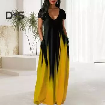 Женское платье макси с карманами, V-образным вырезом, короткими рукавами, градиентными контрастными цветами, платье полной длины А-силуэта для повседневных вечеринок, свиданий XL красный