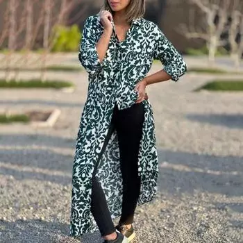 Женское платье макси с красочным принтом и отложным воротником, однобортное, с длинными рукавами, свободное до щиколотки, повседневное M красный