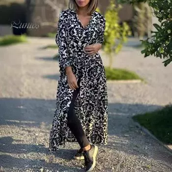 Женское платье макси с красочным принтом и отложным воротником, однобортное, с длинными рукавами, свободное до щиколотки, повседневное, пляжное, повседневное, для отдыха, платье M красный