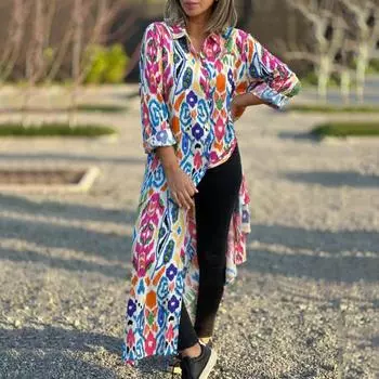 Женское платье макси с красочным принтом и отложным воротником, однобортное, с длинными рукавами, свободное до щиколотки, повседневное, пляжное, повседневное, для отдыха, платье M красный