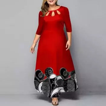 Женское платье макси с круглым вырезом и рукавами 3/4, ажурное платье с принтом, свободный подол, трапециевидное платье с высокой талией, длинное платье XL чёрный