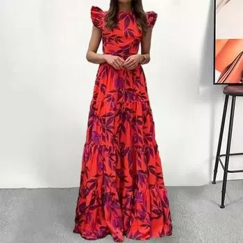 Женское платье макси с круглым вырезом и летающими рукавами, с принтом листьев, высокой талией и открытой спиной, на шнуровке, с рюшами, с струящимся подолом, длинное платье, уличная одежда 3XL красный