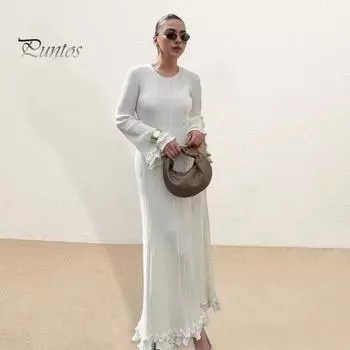 Женское платье макси с круглым вырезом сзади, на шнуровке, с открытой спиной, вязаное платье, однотонное, облегающее, с рюшами, длинное платье L белый