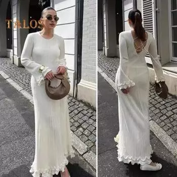 Женское платье макси с круглым вырезом сзади, на шнуровке, с открытой спиной, вязаное платье, однотонное, облегающее, с рюшами, длинное платье L белый