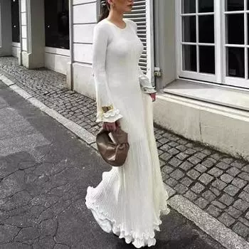 Женское платье макси с круглым вырезом сзади, на шнуровке, с открытой спиной, вязаное платье, однотонное, облегающее, с рюшами, длинное платье L белый