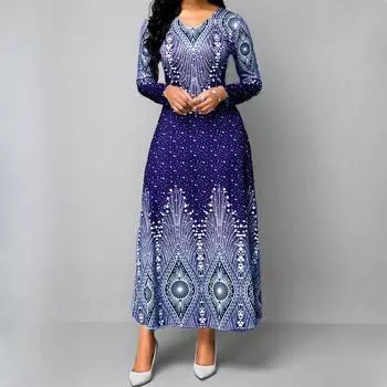 Женское платье макси с круглым вырезом и винтажным принтом, с длинными рукавами, весна-осень S красный