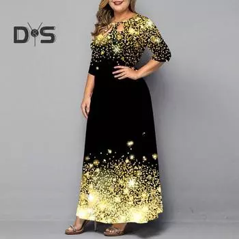 Женское платье макси с круглым вырезом и рукавами 3/4, ажурный принт, свободный подол, высокая талия, трапециевидное платье, длинное платье, женская одежда XL чёрный