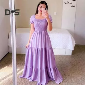 Женское платье макси с квадратным вырезом, эластичным бюстом, плиссированным, сплошной цвет, трапециевидной формы, свободный лоскутный подол, с короткими рукавами, плиссированное, длиной до пола, с открытыми плечами, вечернее S темно-красного