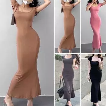 Женское платье макси с квадратным вырезом и короткими рукавами, однотонное, облегающее, эластичное, с рыбьим хвостом, подол, мягкое дышащее женское повседневное праздничное платье M чёрный