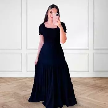 Женское платье макси с квадратным вырезом, эластичным бюстом, плиссированное, сплошной цвет, трапециевидной формы, свободный лоскутный подол, с короткими рукавами, плиссированное вечернее платье с открытыми плечами длиной до пола S небесно-голубой
