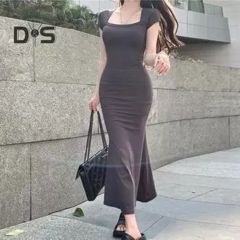 Женское платье макси с квадратным вырезом и короткими рукавами, однотонное, облегающее, эластичное, с рыбьим хвостом, подол, мягкое дышащее женское повседневное праздничное платье L серый