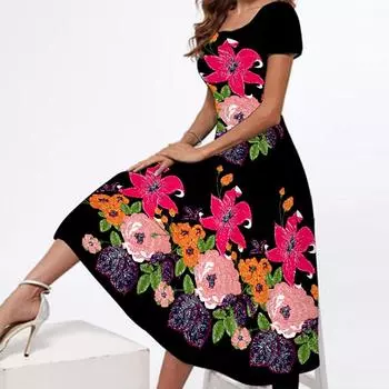 Женское платье макси с квадратным вырезом и принтом 2024 года с короткими рукавами Double Extra Large (XXL)
