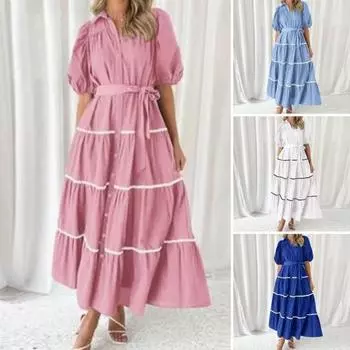 Женское платье-макси с лацканами, короткое платье-рубашка с пышными рукавами, однобортное платье с поясом, многоуровневое струящееся длинное платье с рюшами S светло-синий