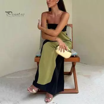 Женское платье макси с открытыми плечами, без рукавов, с открытой спиной, в тон, с принтом, приталенное, прямое, бандо, противоскользящее, пляжное, для выпускного вечера, длинное платье S зелёный