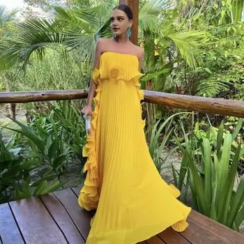 Женское платье макси с открытыми плечами, летнее, с оборками, плиссированное, свободное, длинное платье для свадебных вечеринок, путешествий, пляжного наряда S синий