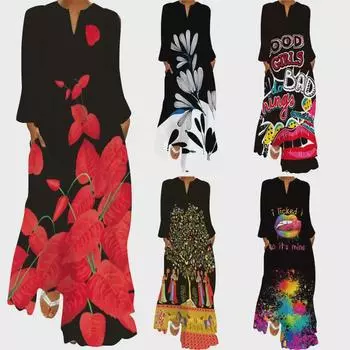 Женское платье макси с принтом бабочек в стиле ретро 2024 года, V-образным вырезом, длинными рукавами и карманами XXXL