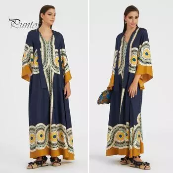 Женское платье макси с принтом и воротником-стойкой, рукава три четверти, платье-халат с глубоким V-образным вырезом, летнее повседневное длинное платье для рабочих вечеринок, отпуска M жёлтый