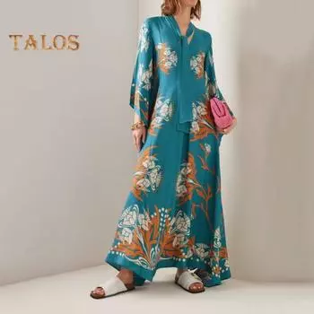 Женское платье макси с принтом и воротником-стойкой, рукава три четверти, платье-халат с глубоким V-образным вырезом, летнее повседневное длинное платье для рабочих вечеринок, отпуска M жёлтый