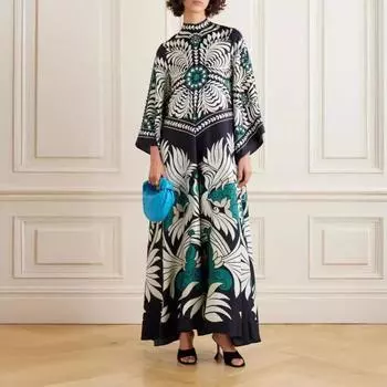 Женское платье макси с принтом и воротником-стойкой, рукава три четверти, платье-халат с глубоким V-образным вырезом, летнее повседневное длинное платье для рабочих вечеринок, отпуска 2XL синий