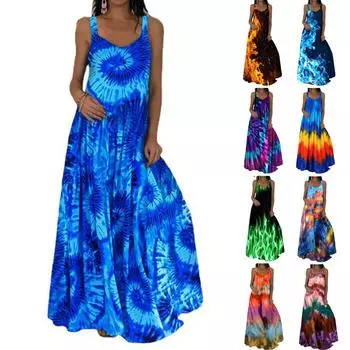Женское платье макси с принтом тай-дай, летнее платье-жилет с V-образным вырезом и цветочным принтом в стиле бохо, женские повседневные платья для вечеринок в стиле свинг S синий