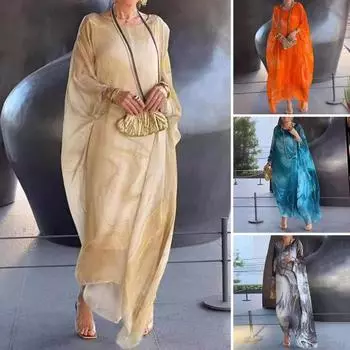 Женское платье макси с струящимся круглым вырезом и нерегулярными рукавами «летучая мышь», двухслойное мраморное платье с принтом, длина до щиколотки, повседневное платье макси 3XL красный