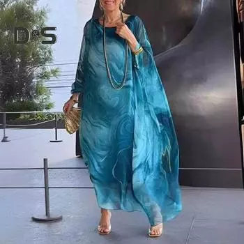 Женское платье макси с струящимся круглым вырезом и нерегулярными рукавами «летучая мышь», двухслойное мраморное платье с принтом, длина до щиколотки, повседневное платье макси 3XL красный